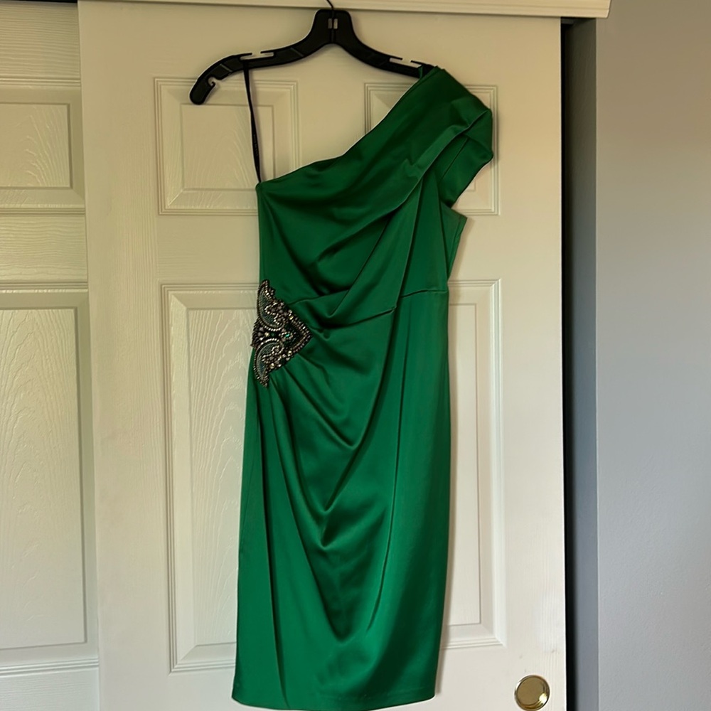 Emerald green one shoulder satin dress with incredible crystal detail